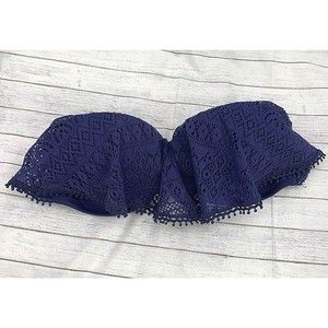 Victorias Secret Bikini Top 32D Flirt Bandeau Strapless Blue Flounce Lace